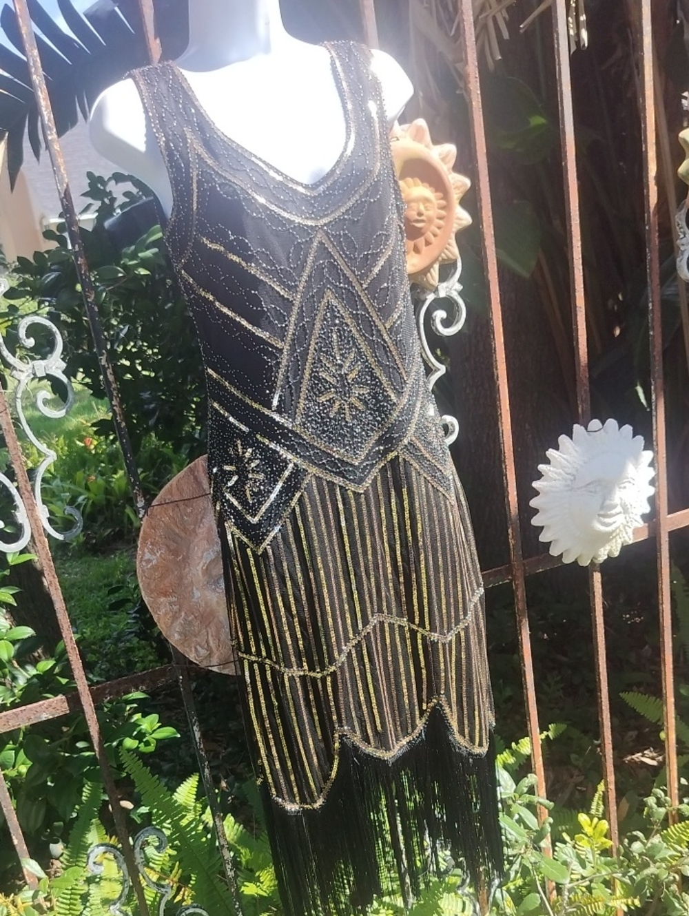 Black & Gold Beaded Fringe Evening Dress